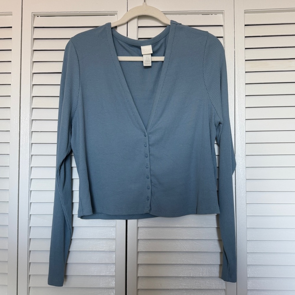 Blue Ribbed Button-Up Women's Top